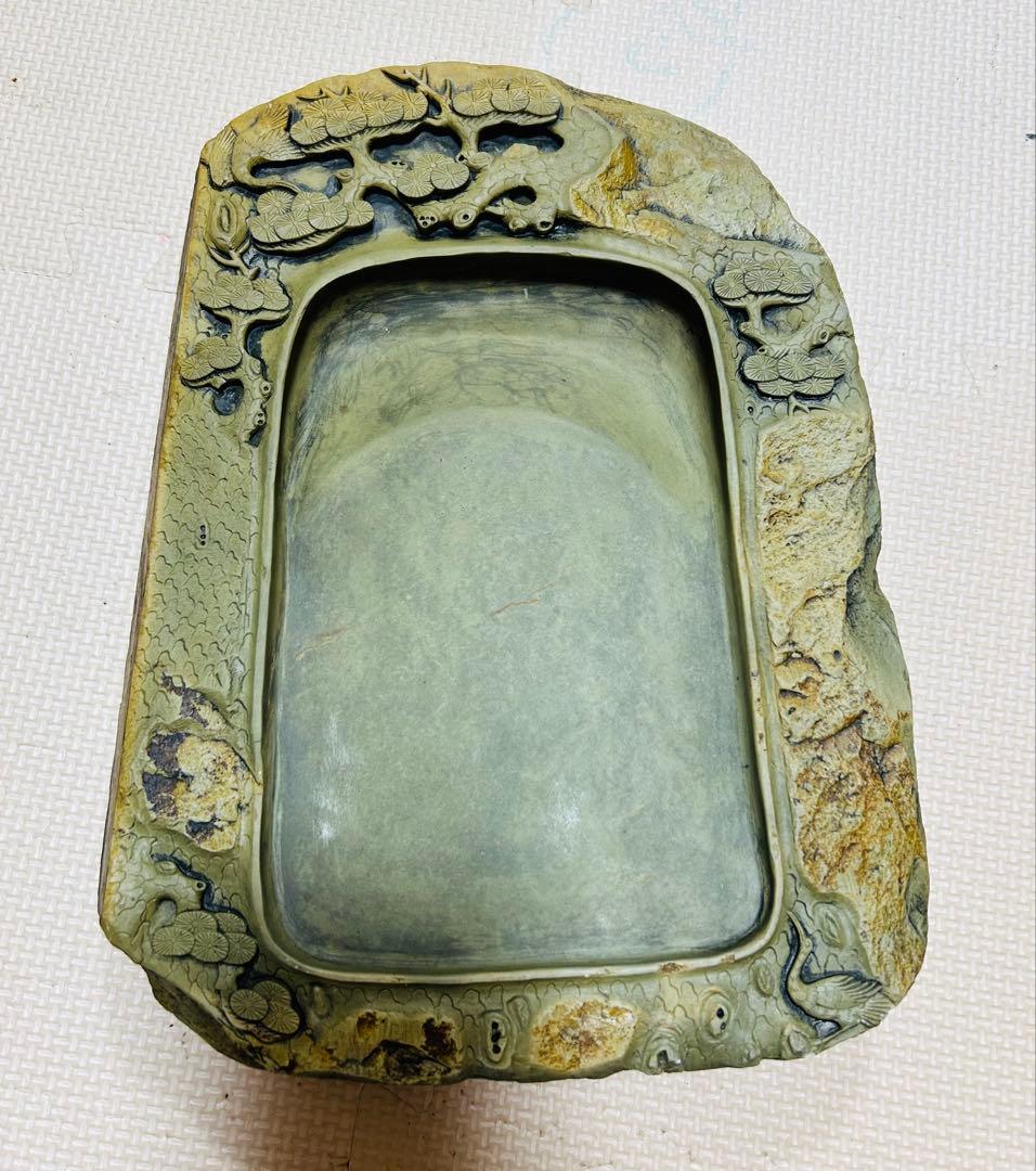 [極上珍品]房具 中国　清時代　古美術　硯紫檀蓋付き 松鶴綠端溪文房具