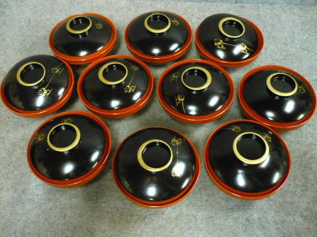 朱塗 沈金 月夜に舟図 吸物椀 10個 [B31538]