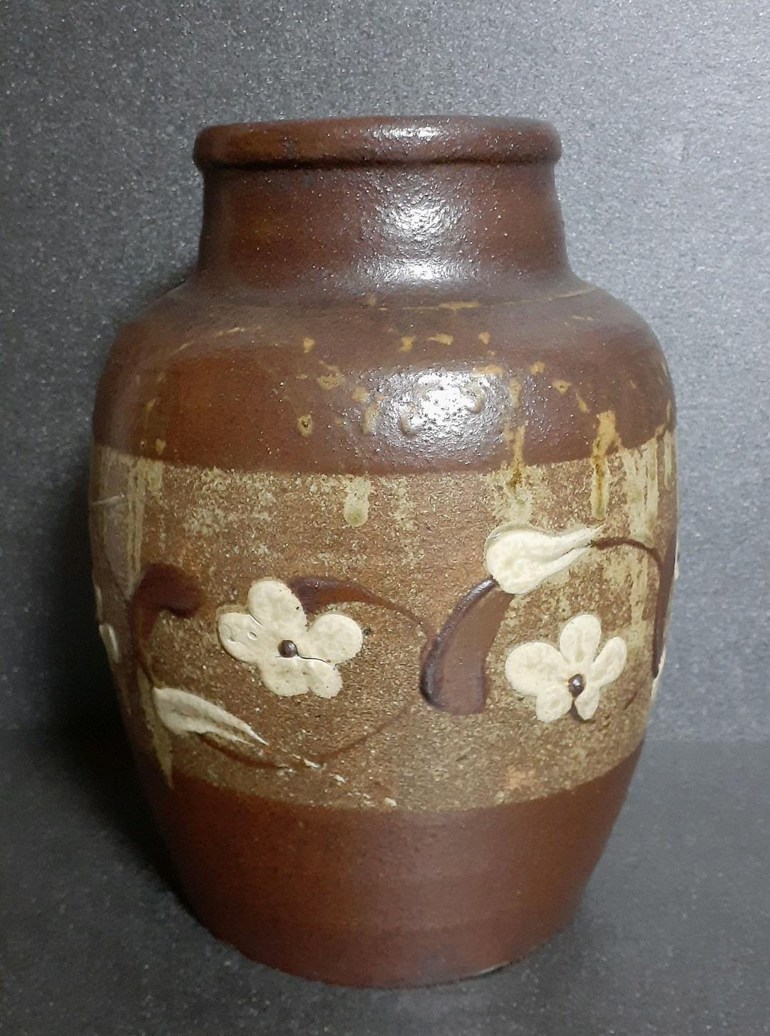 益子焼　名工　【木村一郎】作　灰釉　梅花図　壺　花入れ　花瓶　共箱