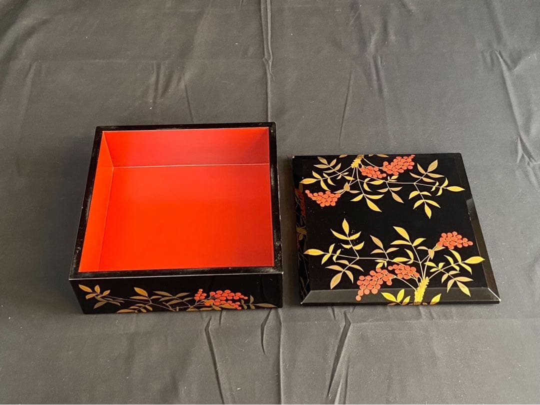 時代 南天蒔絵 黒塗内朱 五段重箱 二枚蓋 共箱 江戸末期 底梨地 / 輪島塗