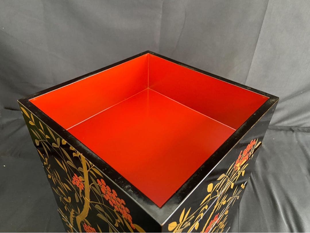 時代 南天蒔絵 黒塗内朱 五段重箱 二枚蓋 共箱 江戸末期 底梨地 / 輪島塗