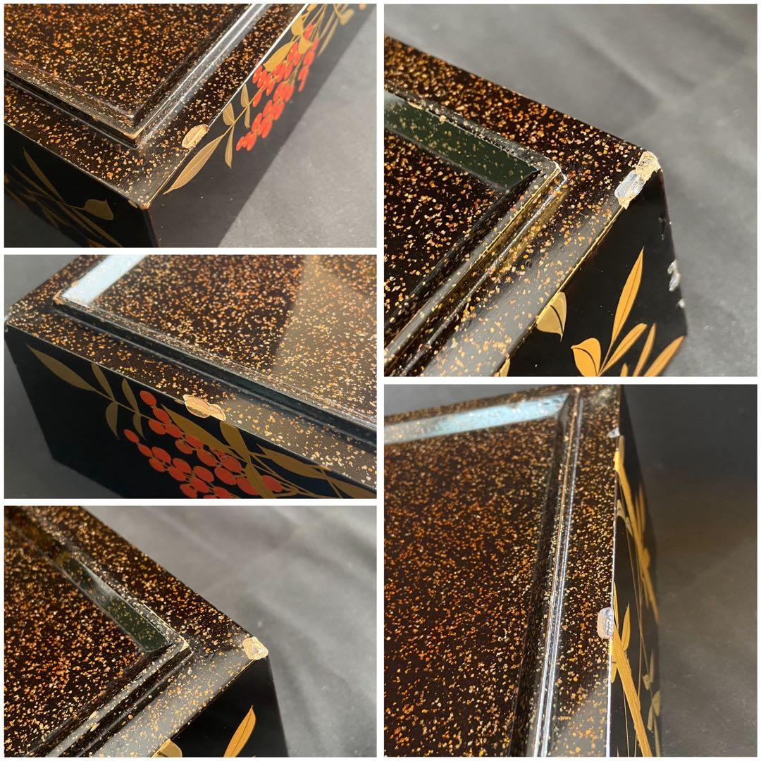 時代 南天蒔絵 黒塗内朱 五段重箱 二枚蓋 共箱 江戸末期 底梨地 / 輪島塗