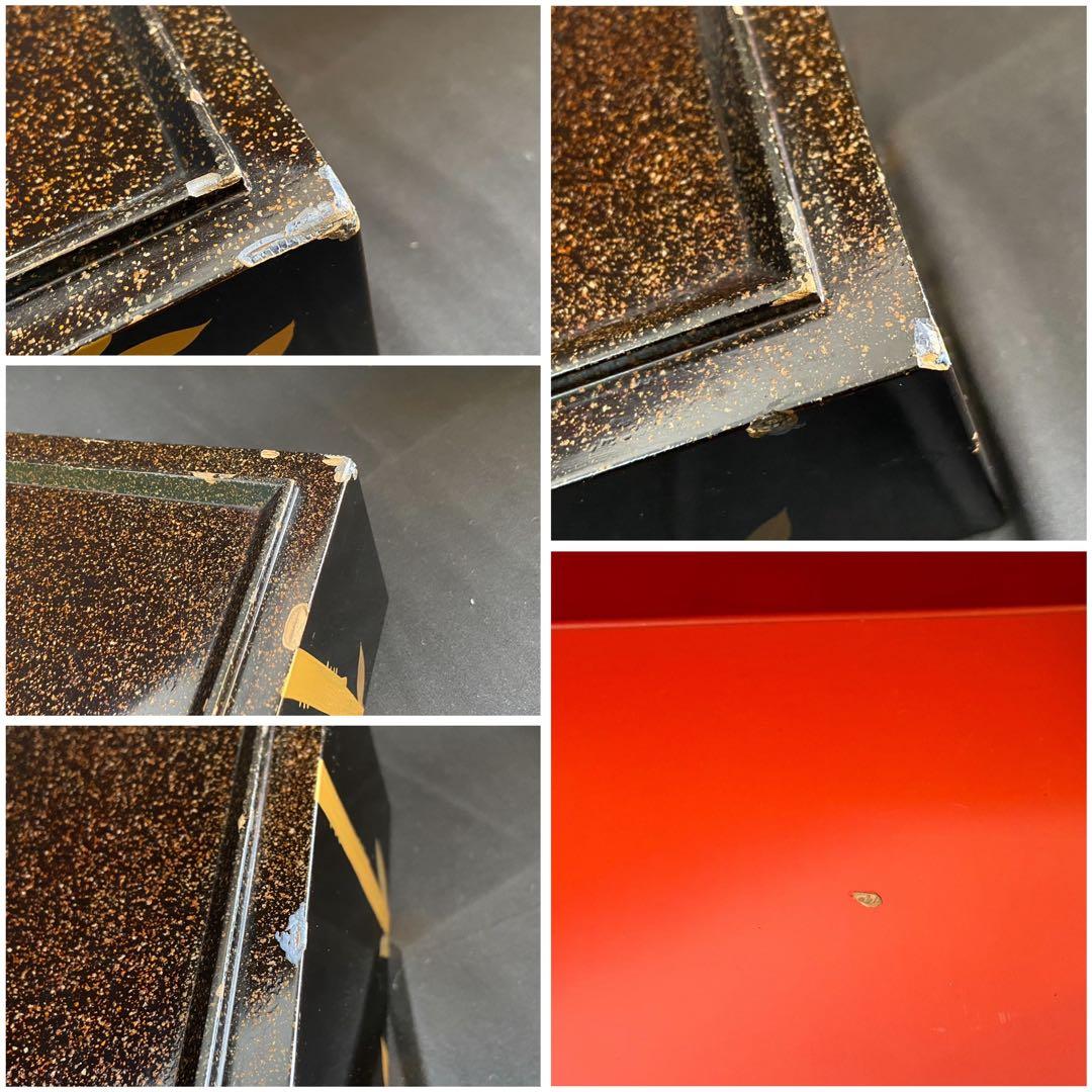 時代 南天蒔絵 黒塗内朱 五段重箱 二枚蓋 共箱 江戸末期 底梨地 / 輪島塗