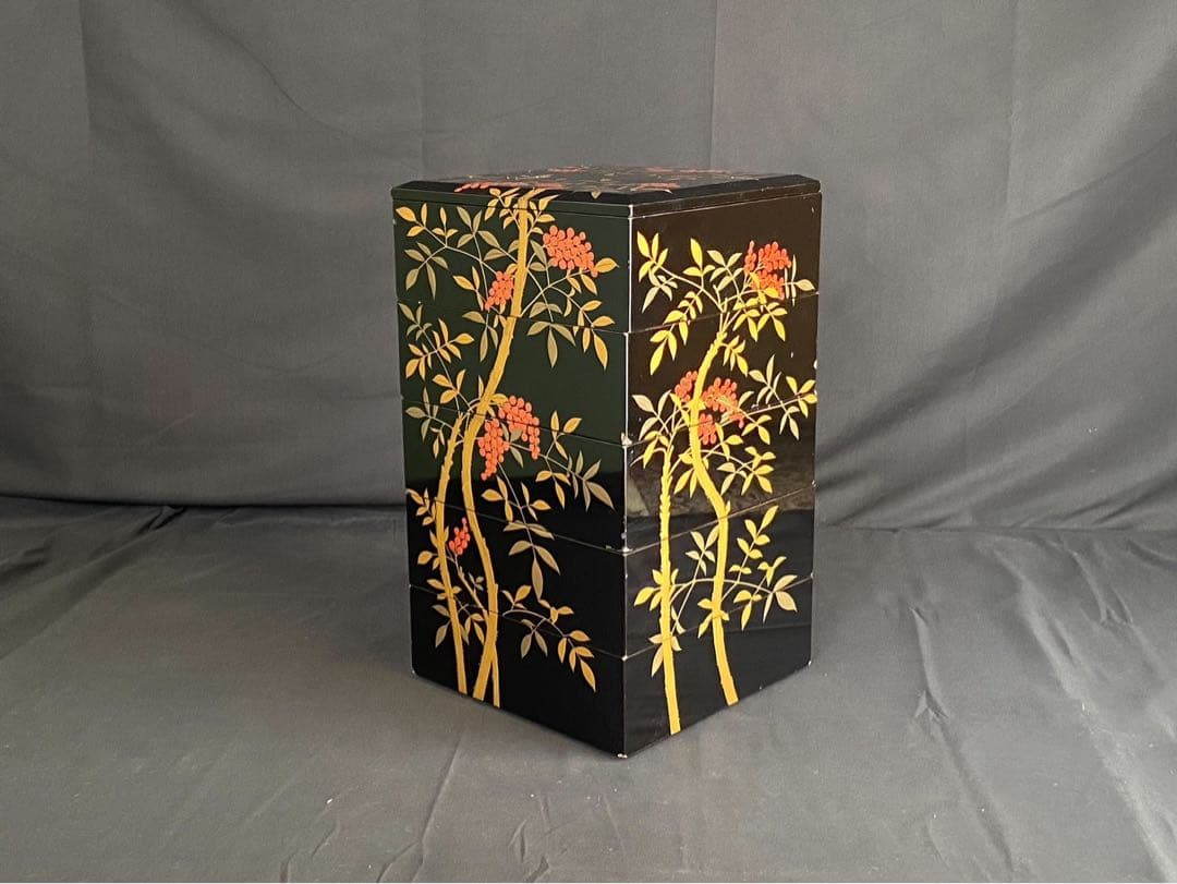 時代 南天蒔絵 黒塗内朱 五段重箱 二枚蓋 共箱 江戸末期 底梨地 / 輪島塗