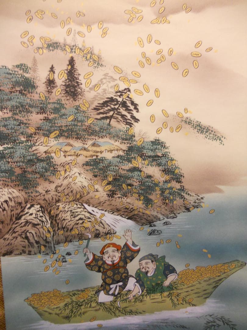 掛け軸 春峰 宝舟 恵比寿 大国 絹本 希少 軸装 茶道具 掛軸 美品 です。