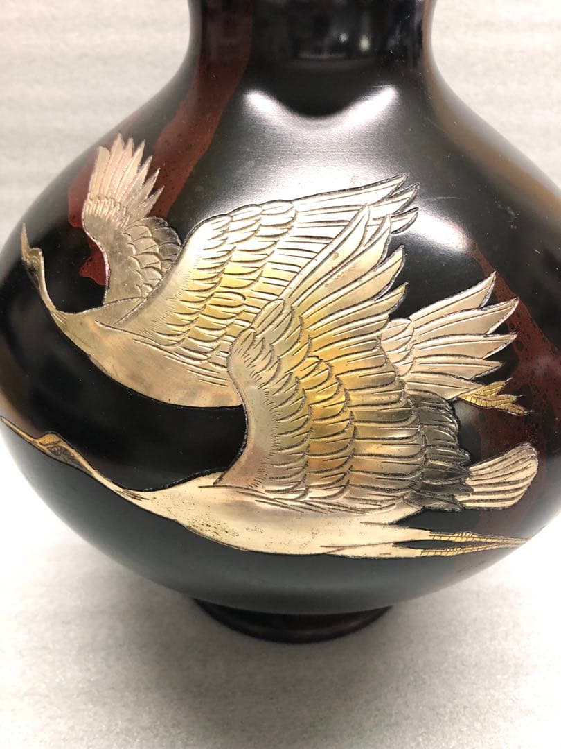 花器 花瓶 双鶴彫金 真峰作 ブロンズ