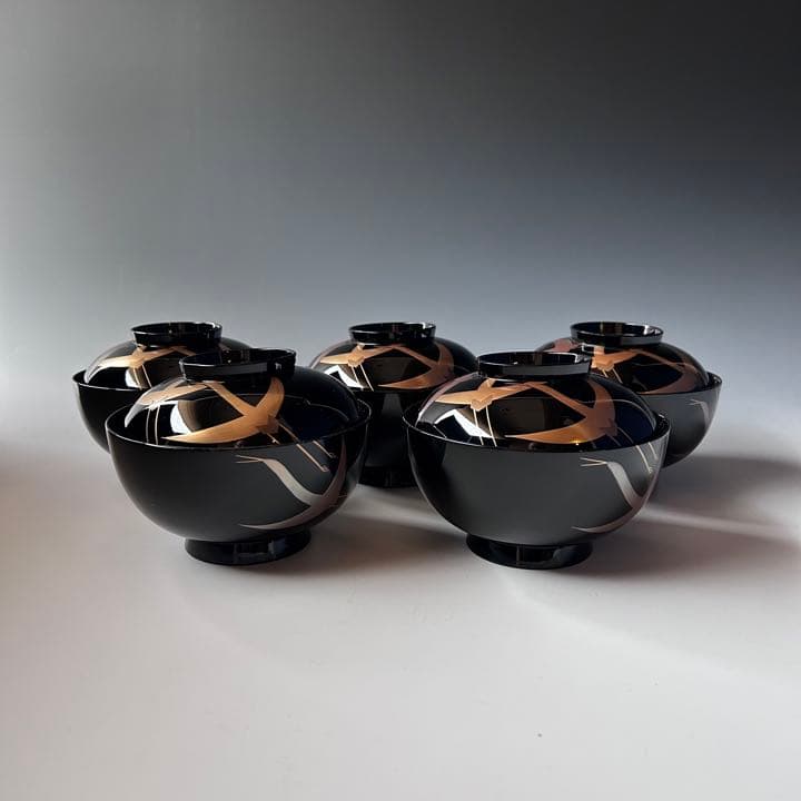 煮物椀　琳派　鶴蒔絵　五客組　静寛　共箱　山中塗　懐石　漆器　正月　初釜　茶道具
