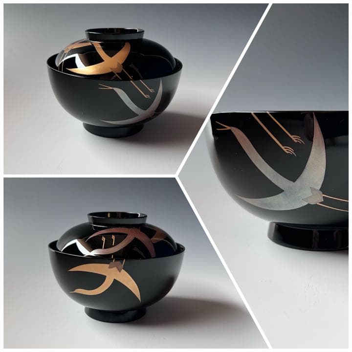 煮物椀　琳派　鶴蒔絵　五客組　静寛　共箱　山中塗　懐石　漆器　正月　初釜　茶道具