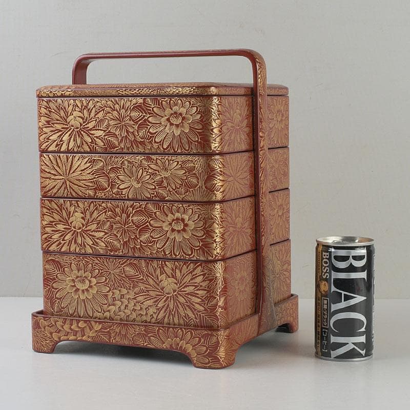 ゆりる　輪島塗　沈金蒔絵　菊彫文　手提四段重箱　共箱　M　R9137H