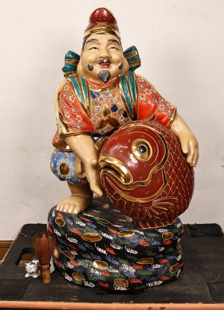 九谷焼 峰光 銘 色絵金彩 恵比寿像 七福神 置物 高さ約62cm BK125