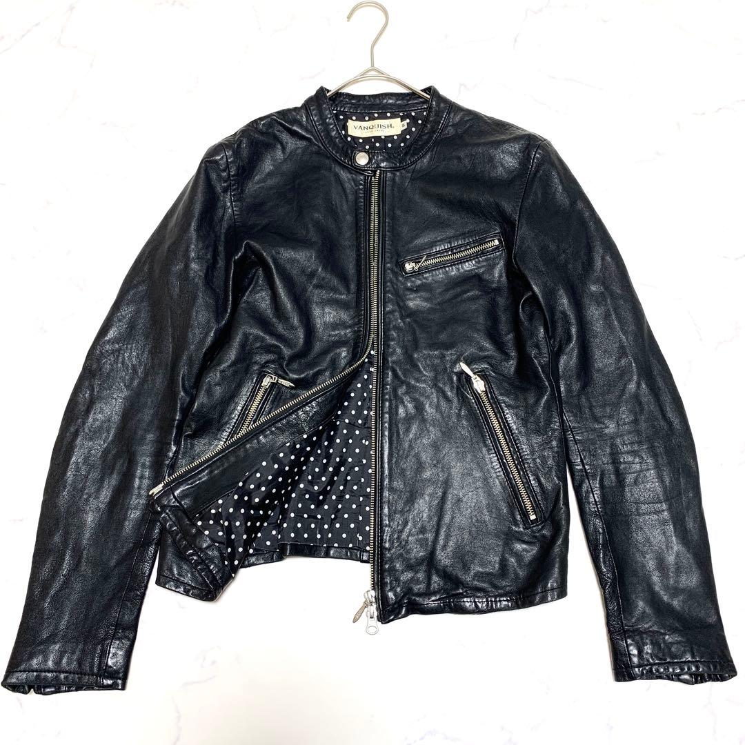 ヴァンキッシュ レザージャケット シングル ライダース ドット 黒 S 羊革 ヴァンキッシュ レザージャケット シングル ライダース ドット 黒 S 羊革