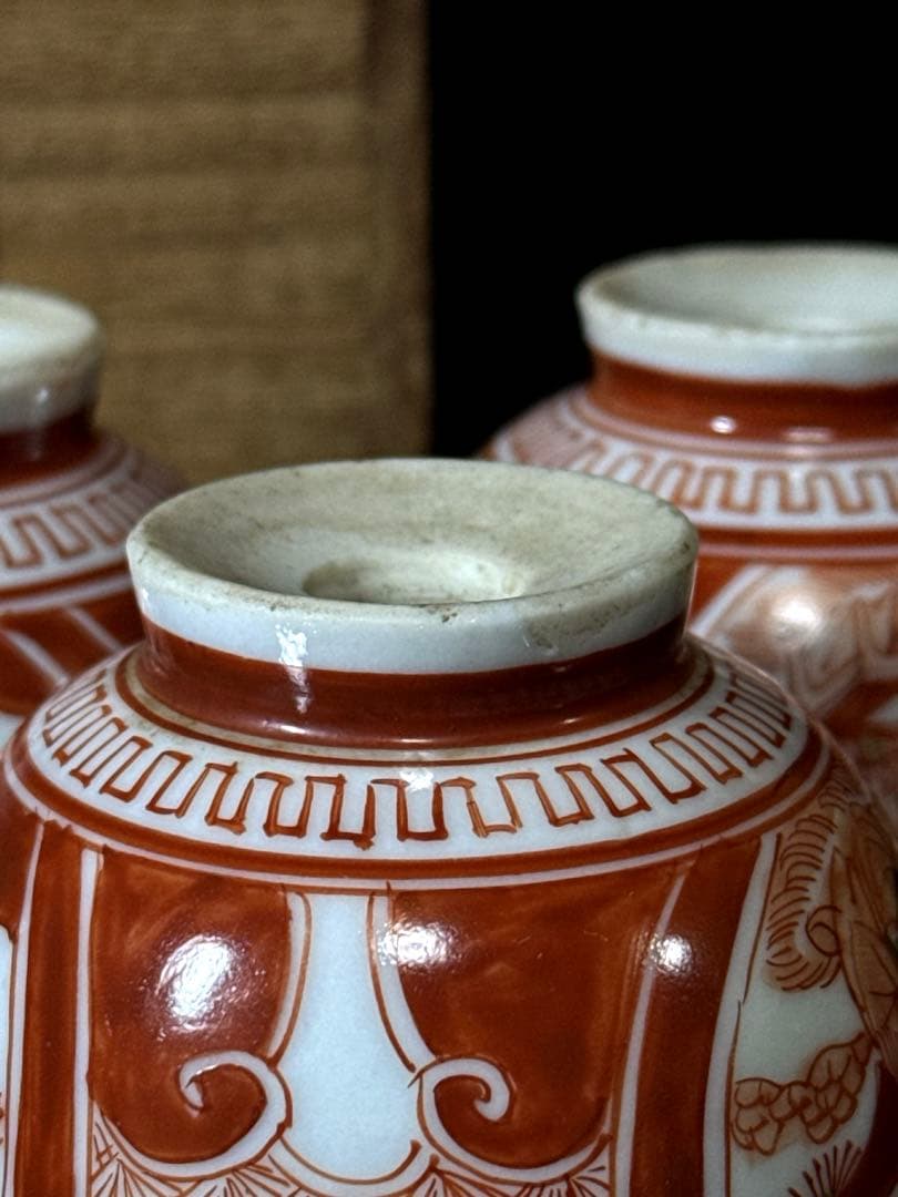 江戸期 湖東焼 赤絵金蘭手 窓絵人物図 煎茶碗 5客茶道具