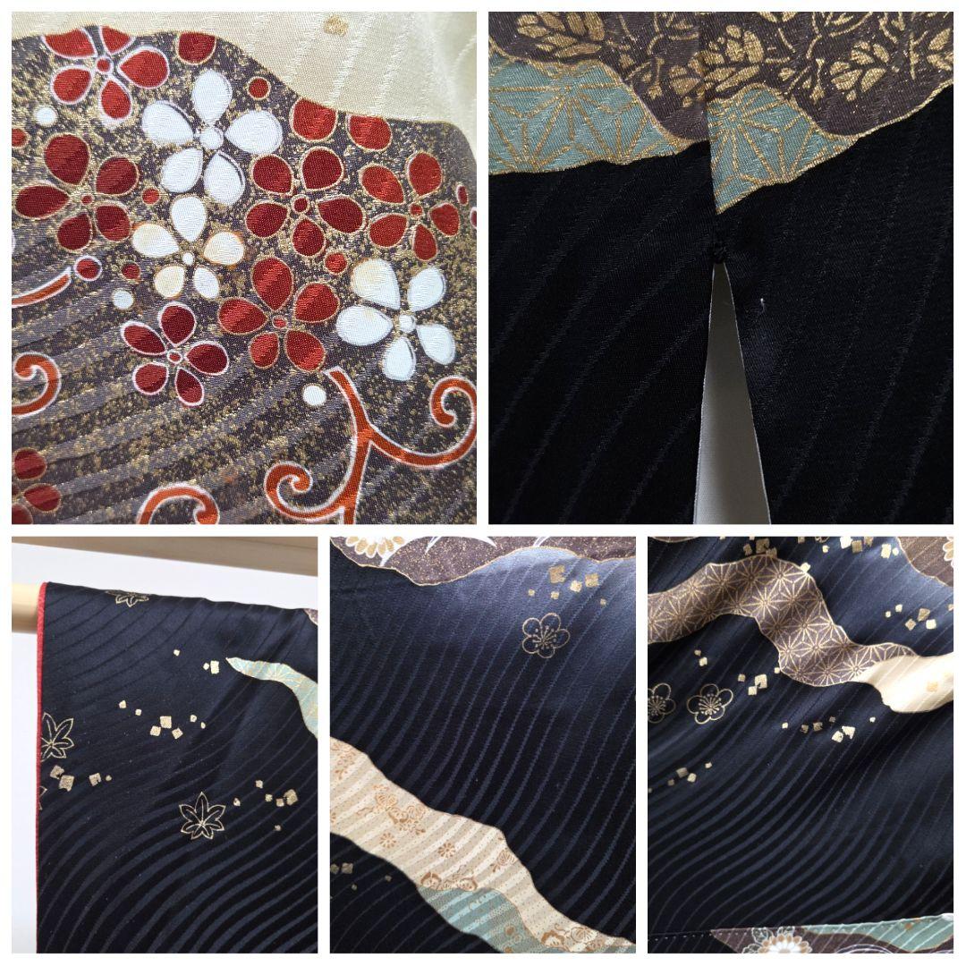B◇着物くつろぎ 吉祥文様 金彩 金駒刺繍 黒 袷 正絹 中振袖 着物