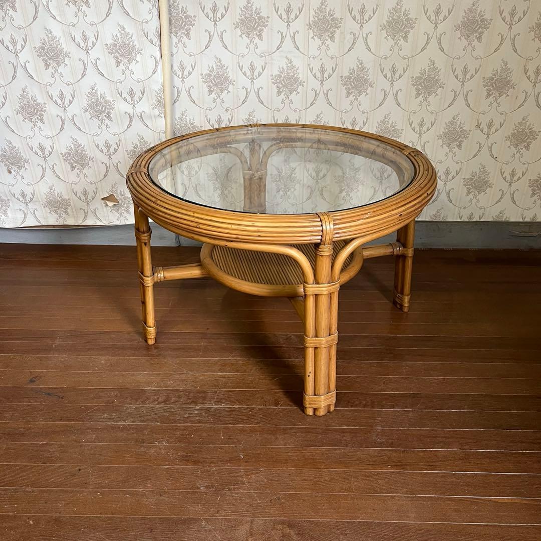 アンティーク】籐 ラタンセンターテーブル コーヒーテーブル 円卓