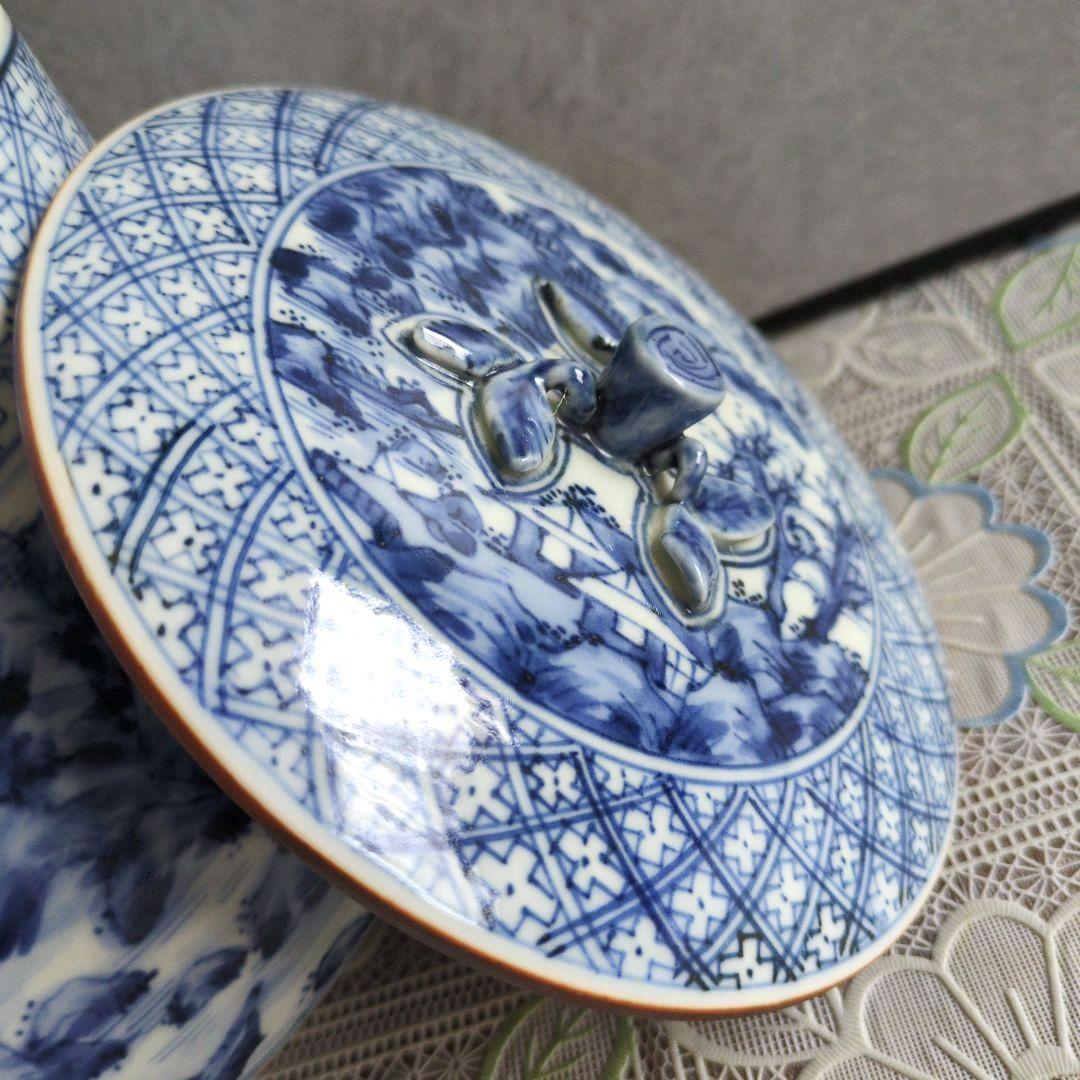 美品】平安徳永造／染付山形・青白色 陶器 水差し（共箱付き）