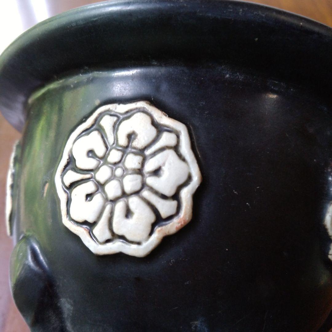瀬戸 黒釉貼付桔梗文 植木鉢 骨董