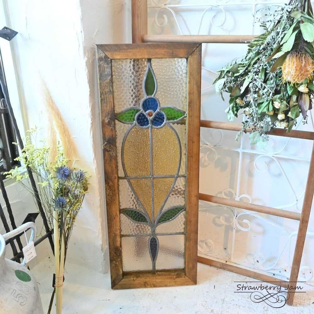 赤とピンクの花模様のステンドグラス イギリスアンティーク(住宅窓