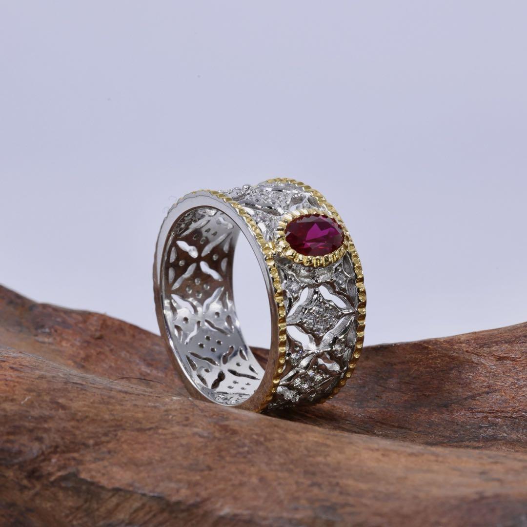 【S925純銀】ラボグロウン・ルビー 彫金ワイドリング／クラシックアンティーク