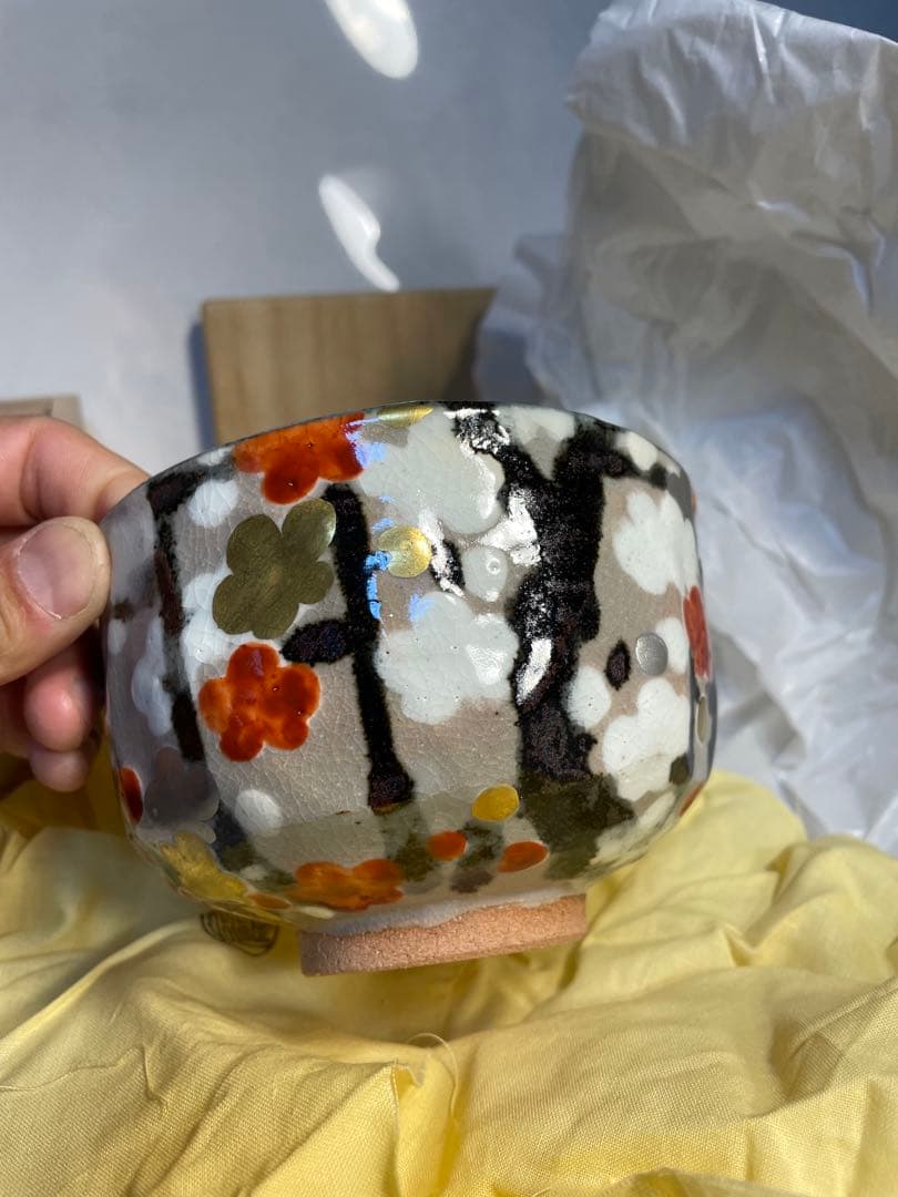 京焼 山川巌 作 乾山写し 色絵梅文 金彩 抹茶碗 共箱 茶道具