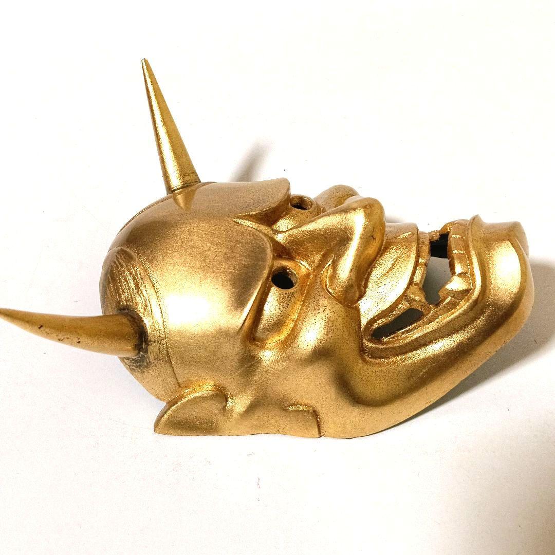 希少 黄金 般若面 金属製 ゴールド 銘有り 780g 壁掛け オブジェ