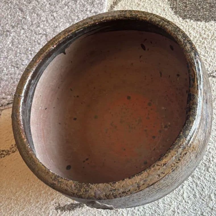 丹波焼　灰釉印花文甕　水差し花生け　骨董品アンティーク