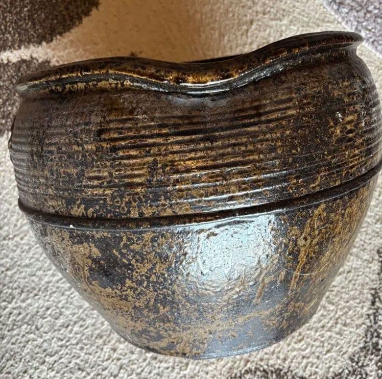 丹波焼　灰釉印花文甕　水差し花生け　骨董品アンティーク
