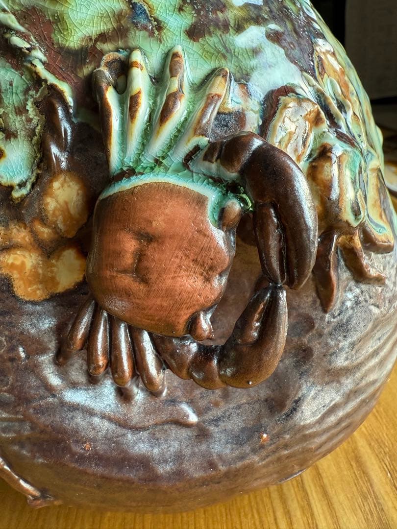 相馬焼？信楽焼？蟹　カニ装飾の陶器花瓶　置物　アンテリア
