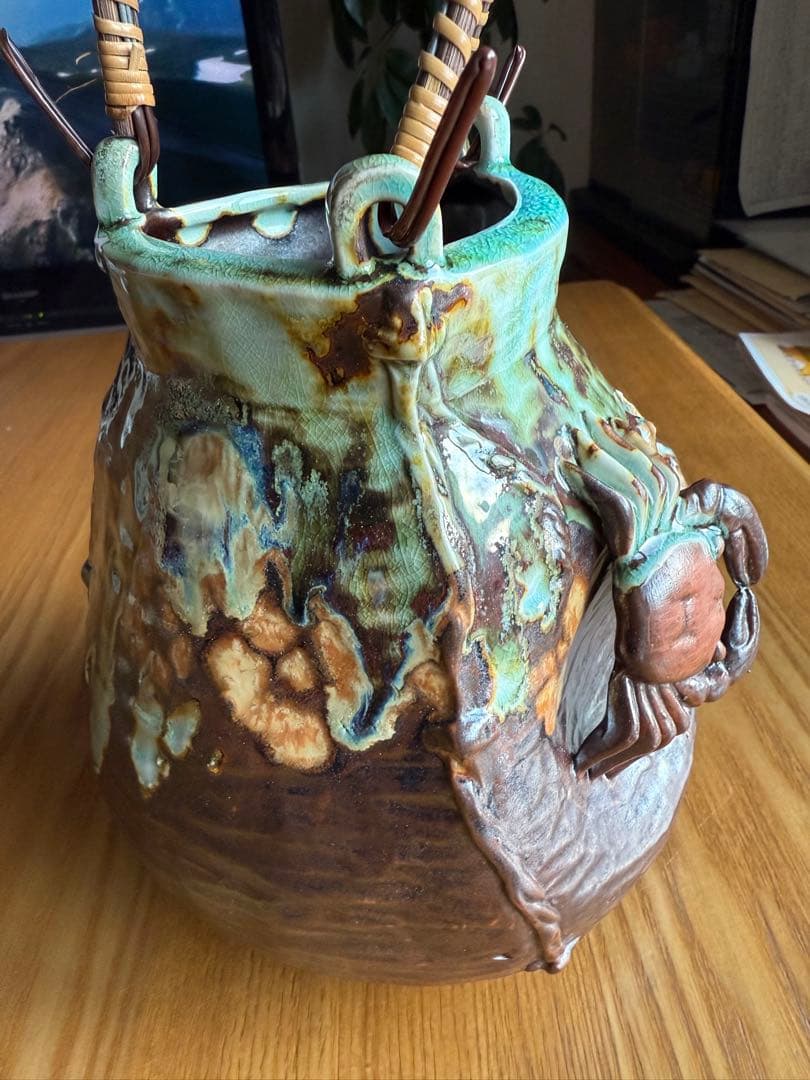 相馬焼？信楽焼？蟹 カニ装飾の陶器花瓶 置物 アンテリア