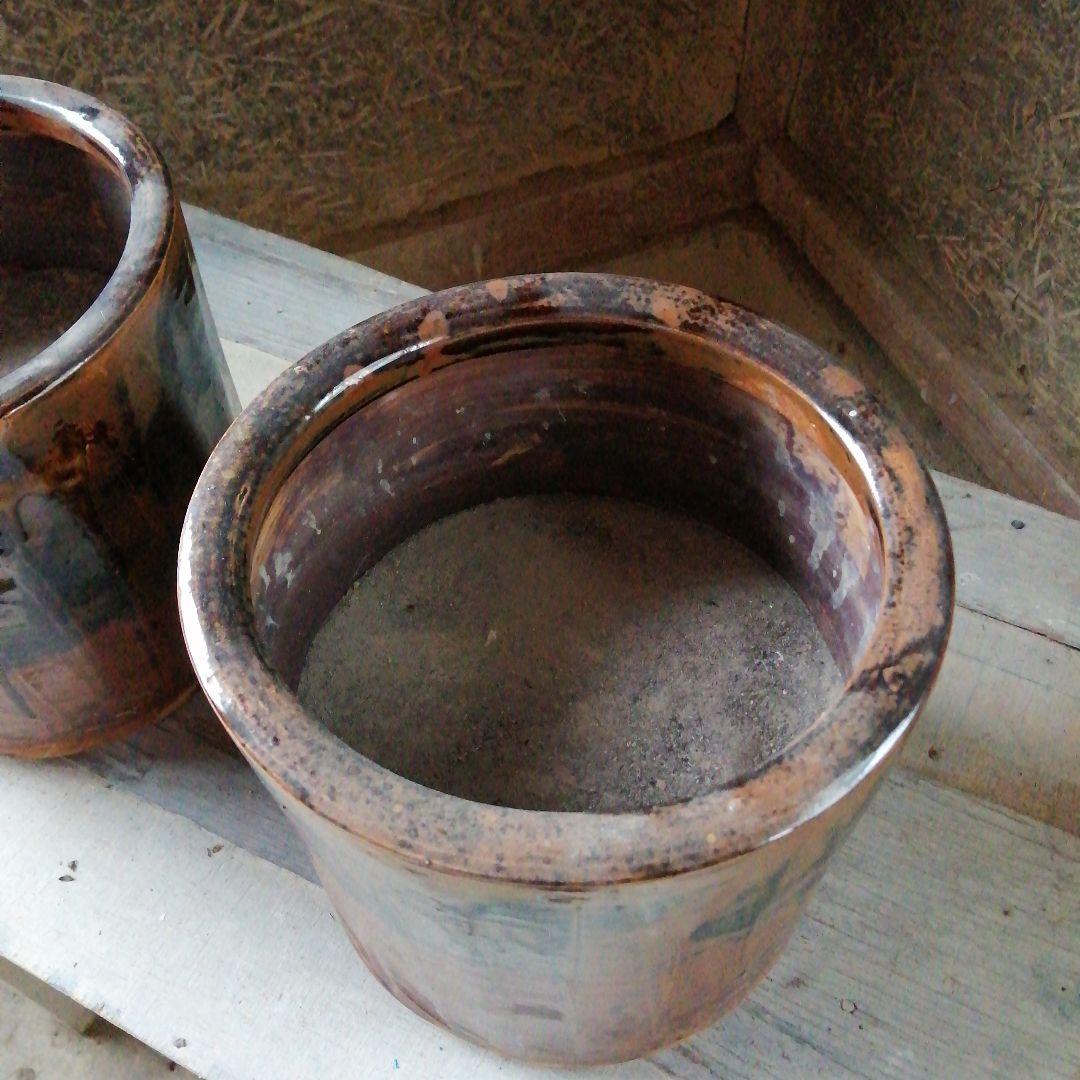 瀬戸焼 加藤作助 古瀬戸釉火鉢一対 21cm 大正～昭和中期