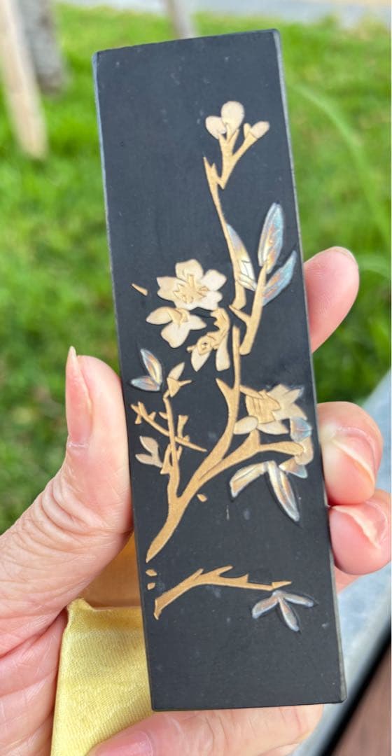 書道具 桐彫抜 螺鈿装飾 硯箱 在銘 硯 水滴 筆 一式 目録付 M R9185