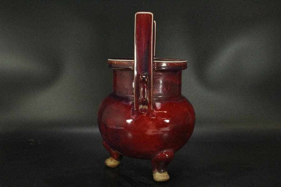 中国美術 鈞窯 紫斑釉 三足 双耳 香炉 高33.5cm(LC121)