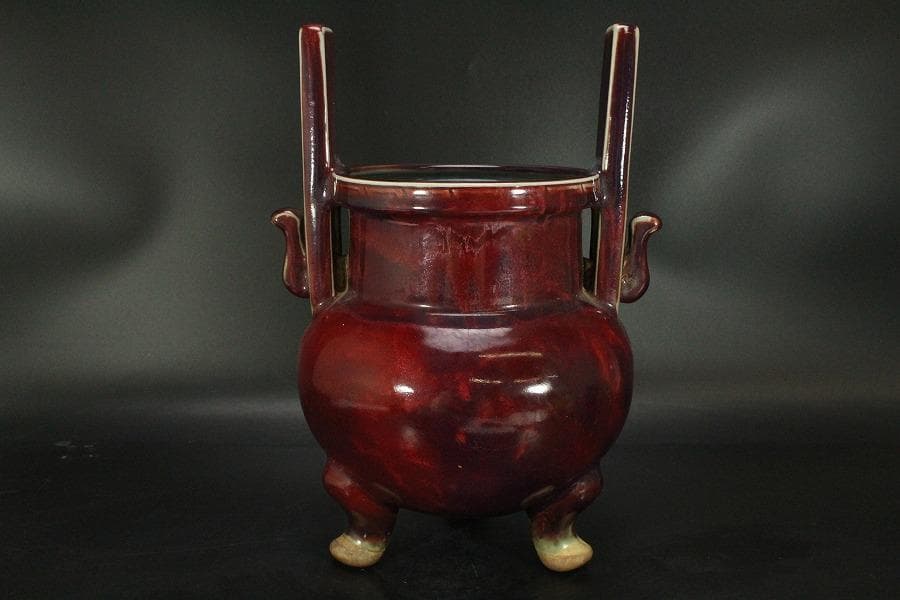 中国美術 鈞窯 紫斑釉 三足 双耳 香炉 高33.5cm(LC121)