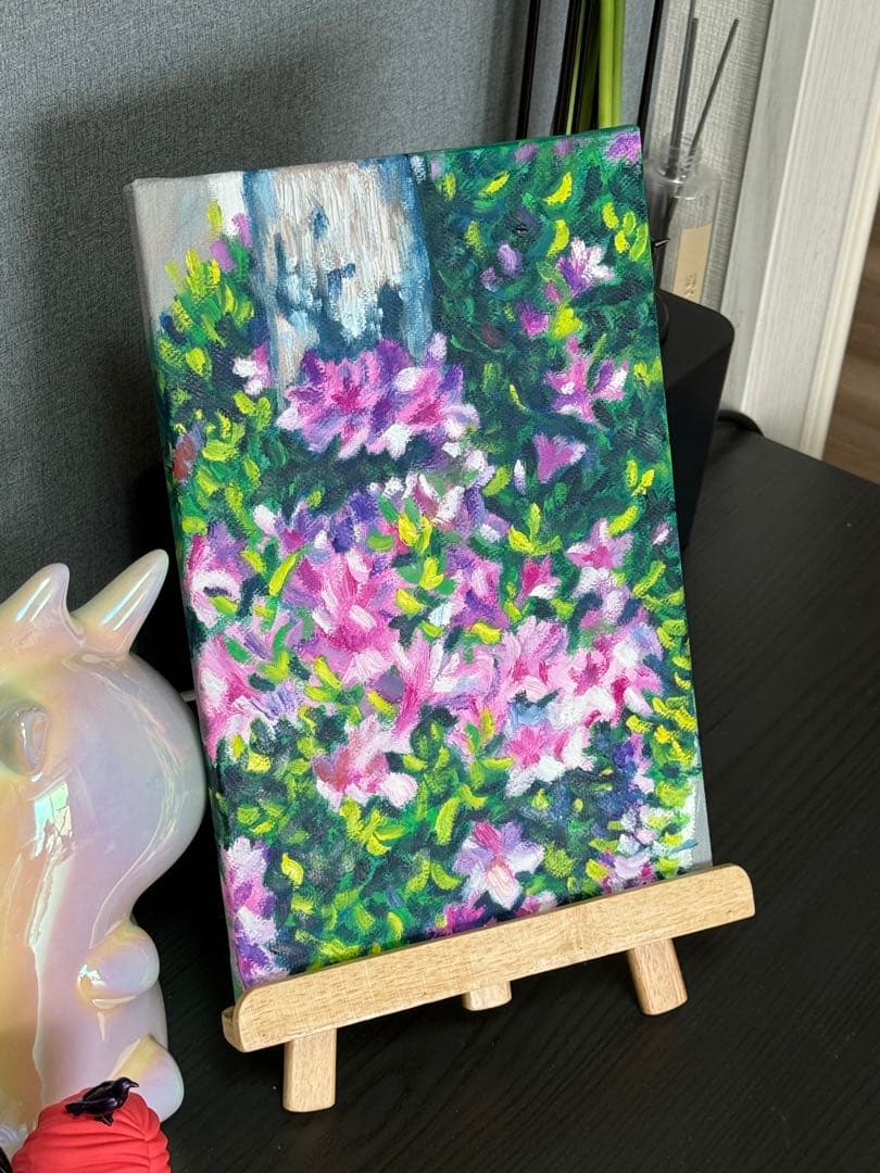 「陽光とツツジ」　手描き　油絵　風景画　原画　油彩画　印象派