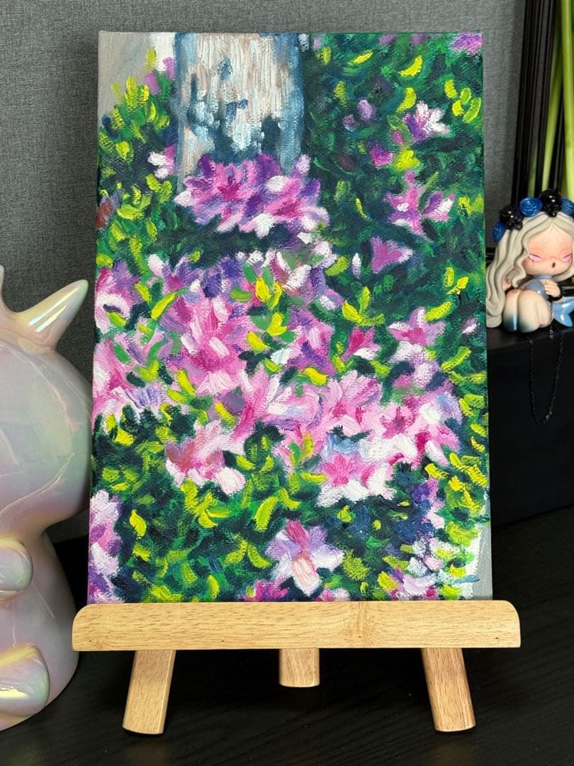 「陽光とツツジ」　手描き　油絵　風景画　原画　油彩画　印象派