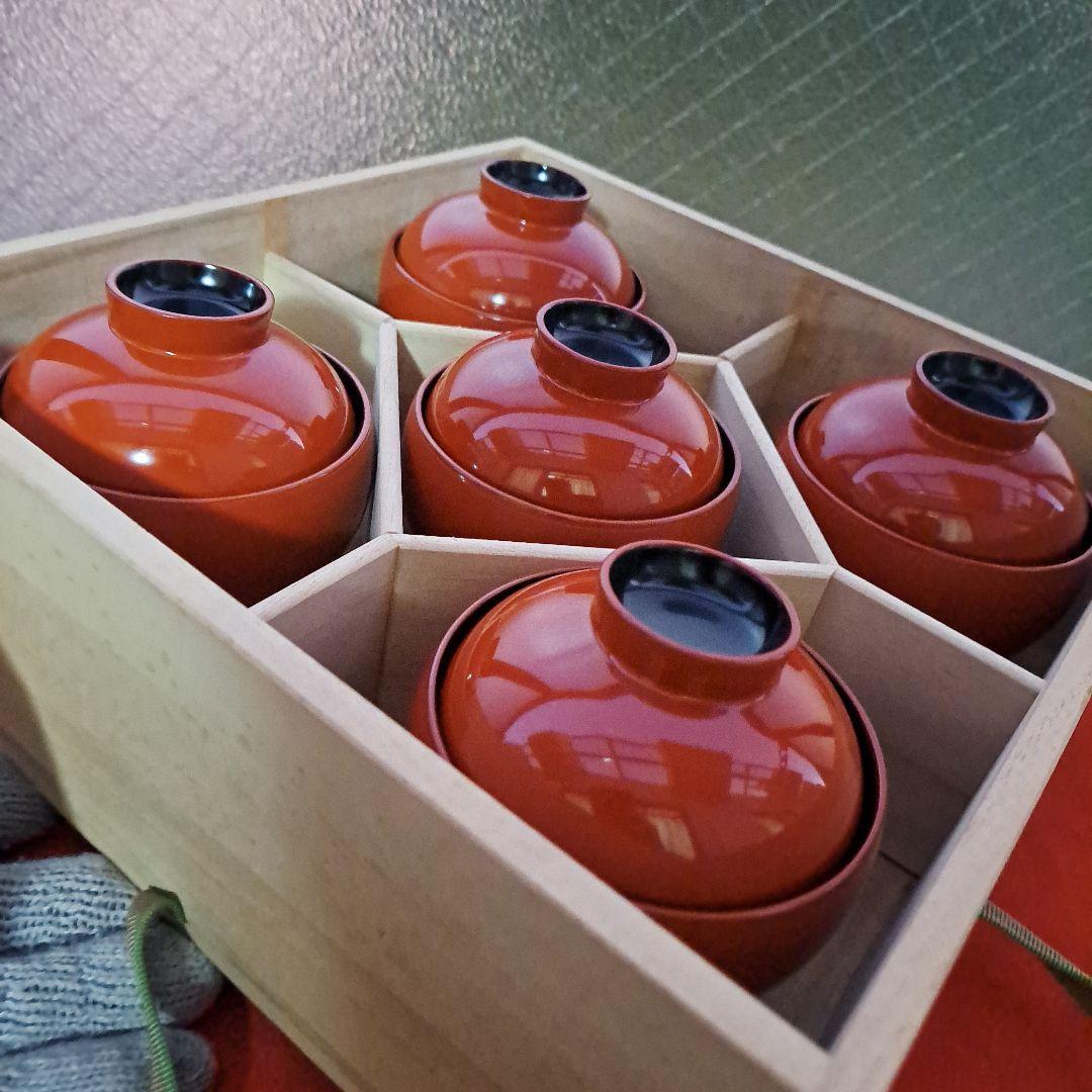 【輪島塗　まり椀×5客】布着本堅地 二代目\"九香作　未使用/長期保管品