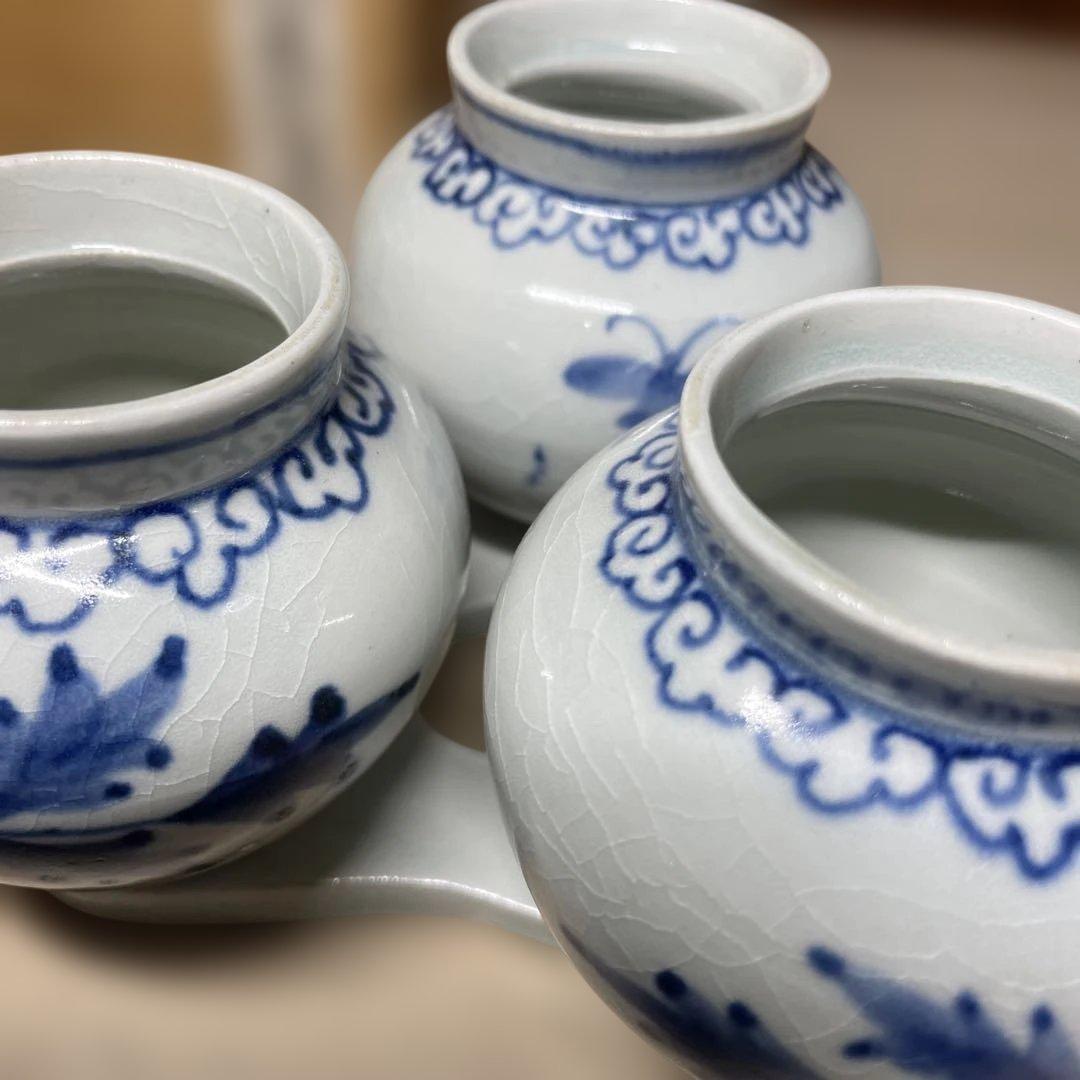 李朝分院染付三連壷　箱付