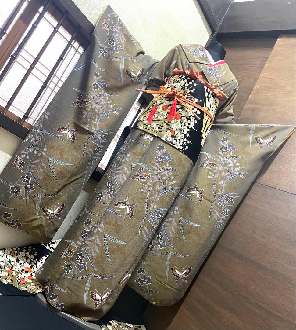 振袖フルセット6点サイズM〜L正絹 舞蝶草花文 暈し