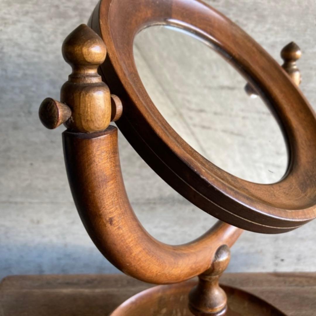 古い味のある卓上鏡 鏡台 ミラー 木製 回転式 丸型 民藝 レトロ