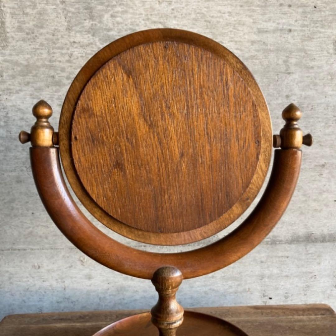 古い味のある卓上鏡 鏡台 ミラー 木製 回転式 丸型 民藝 レトロ