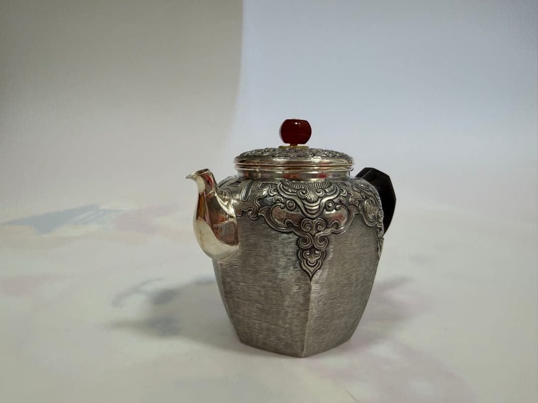 純銀製 六面取 饕餮文 玉石摘 急須 銀瓶 煎茶道具