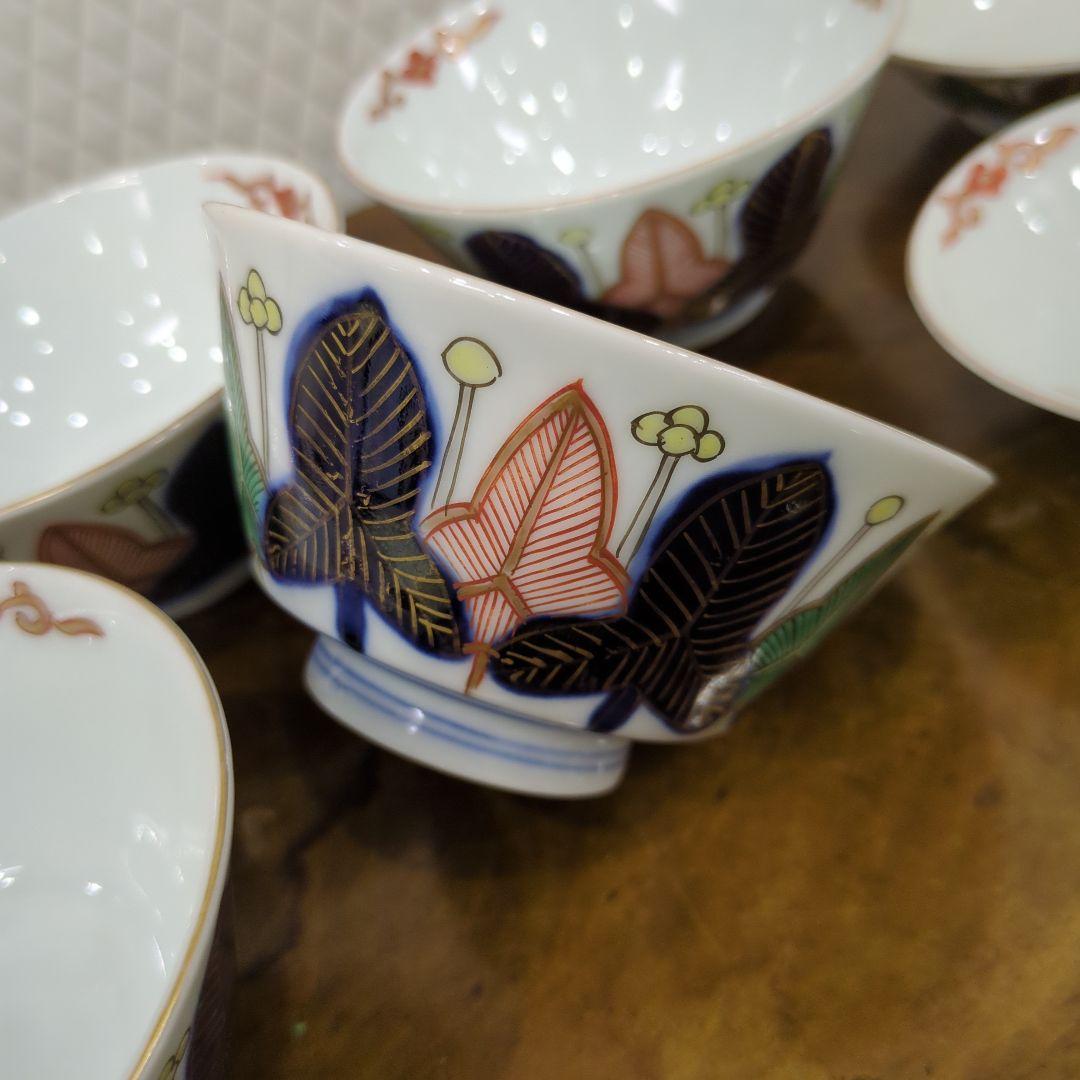 骨董 蓋茶碗 茶碗 陶器 色絵 煮物椀 向付 アンティーク 5つ〜