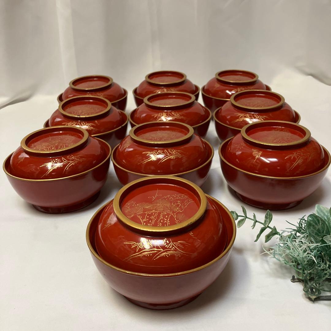 大正時代 木製漆器 蓋付汁椀 10客 菓子椀 松竹梅 漆沈金蒔絵 木箱付