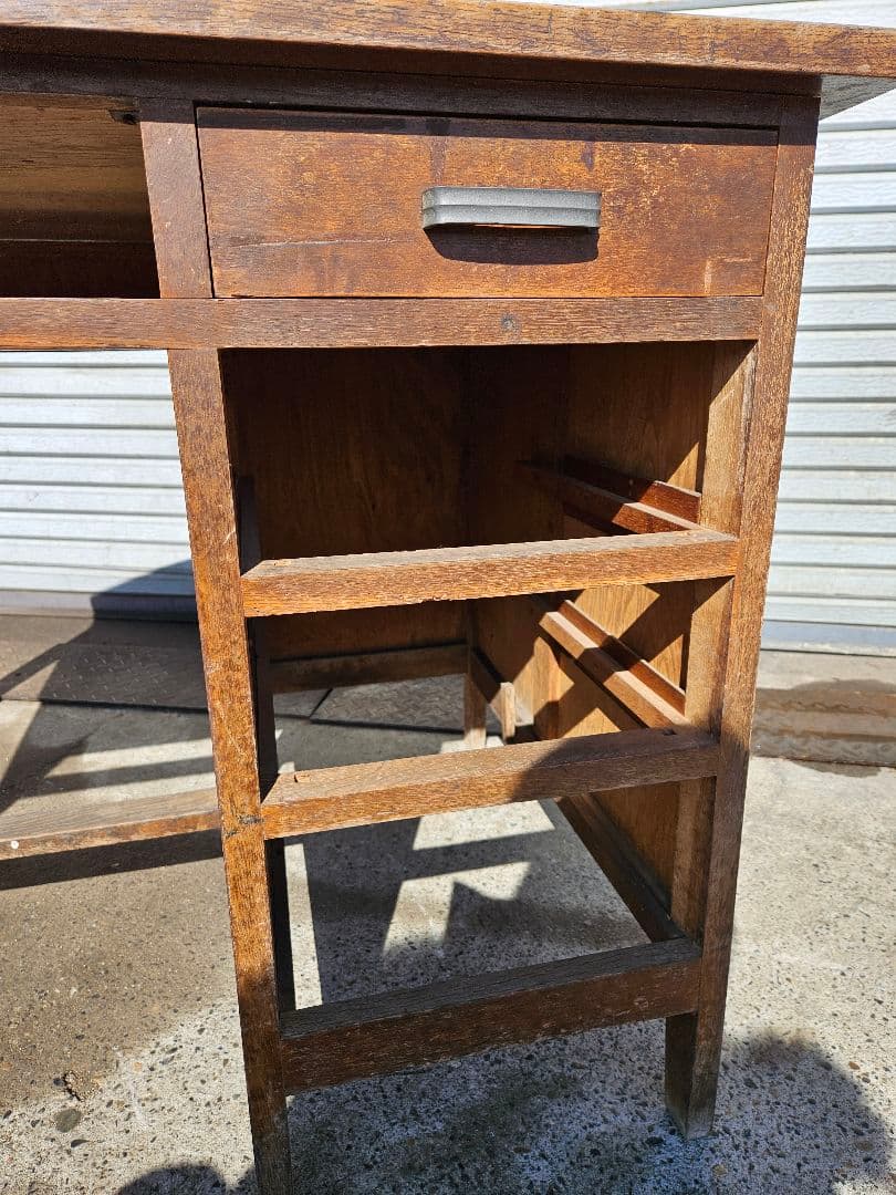 日本のアンティーク 古い片袖机 木製 作業台 アトリエ デスク テーブル