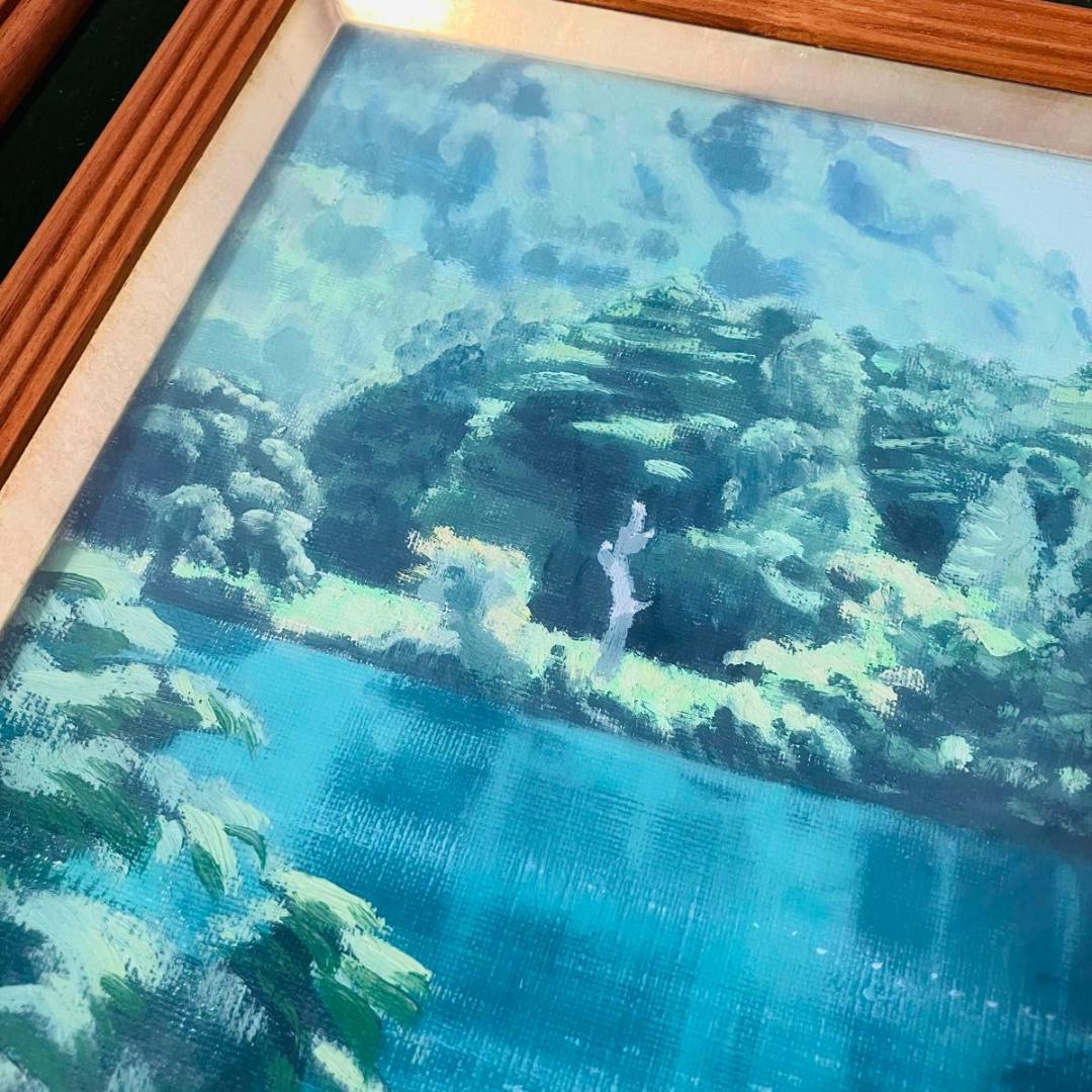 【希少】『山湖初夏』石川滋彦作 油絵 サイン有 裏書有 額縁付き 油彩