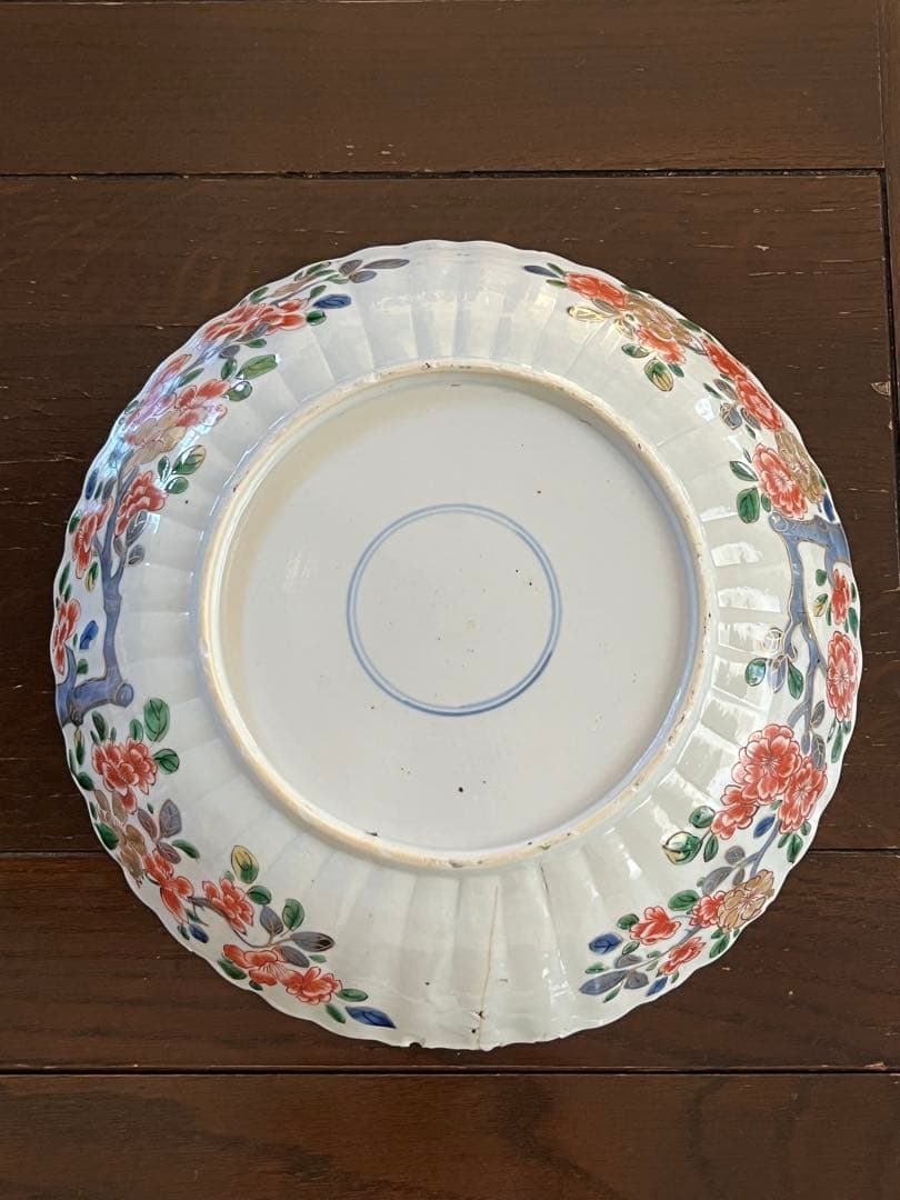 希少清朝初期 康熙年間 五彩 桜花輪花八寸皿 花籠 中国古玩