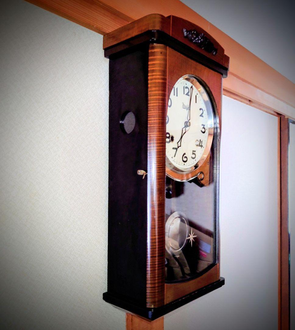 〈完動・美品〉明治時計　チンチャン打　宮型ゼンマイ振り子掛け時計　ボンボン時計