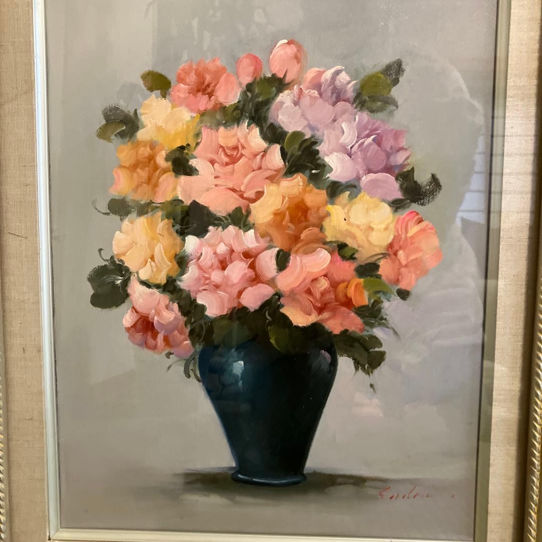 遠藤勝 バラ 油彩画 6号 額縁入り