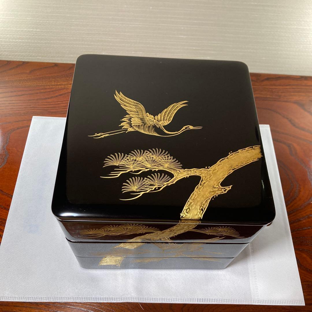 三段お重箱 松鶴金色画 高級漆器木製