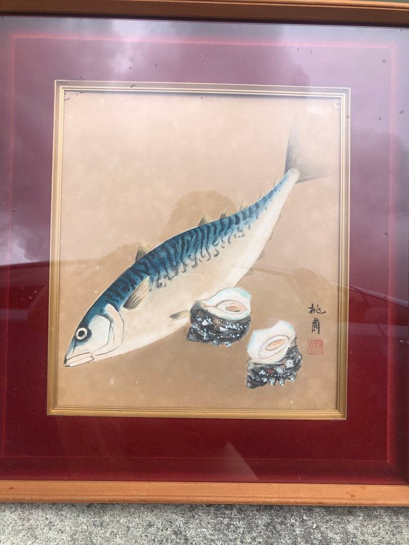 桃園　珍品！　鯖とさざゑ　色紙絵（日本画）