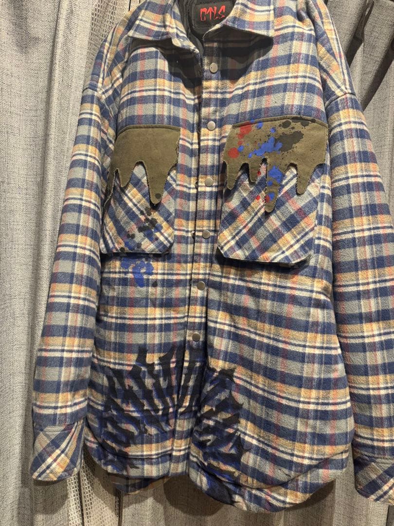 ぶ*】様 CVTVLIST ペイント Drip Check Shirt ブルー